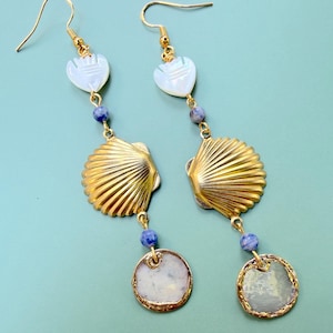 Mermaid Cove Earrings, Mother of Pearl Fish Dangles, Coastal Statement Jewelry, Sodalite Shell Earrings, Ocean Inspired Style