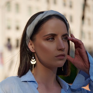 Brass Geometric Half Moon Statement Earrings / White and Gold Beaded Linear Drop Earrings / Small Gold Statement Earrings / Neutral Dangle image 5