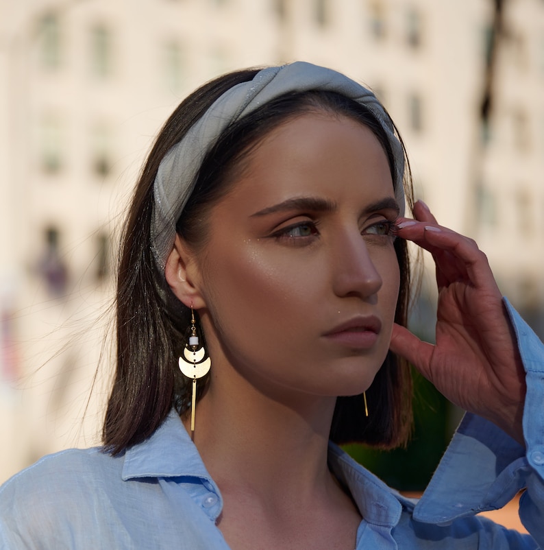 Brass Geometric Half Moon Statement Earrings / White and Gold Beaded Linear Drop Earrings / Small Gold Statement Earrings / Neutral Dangle image 5