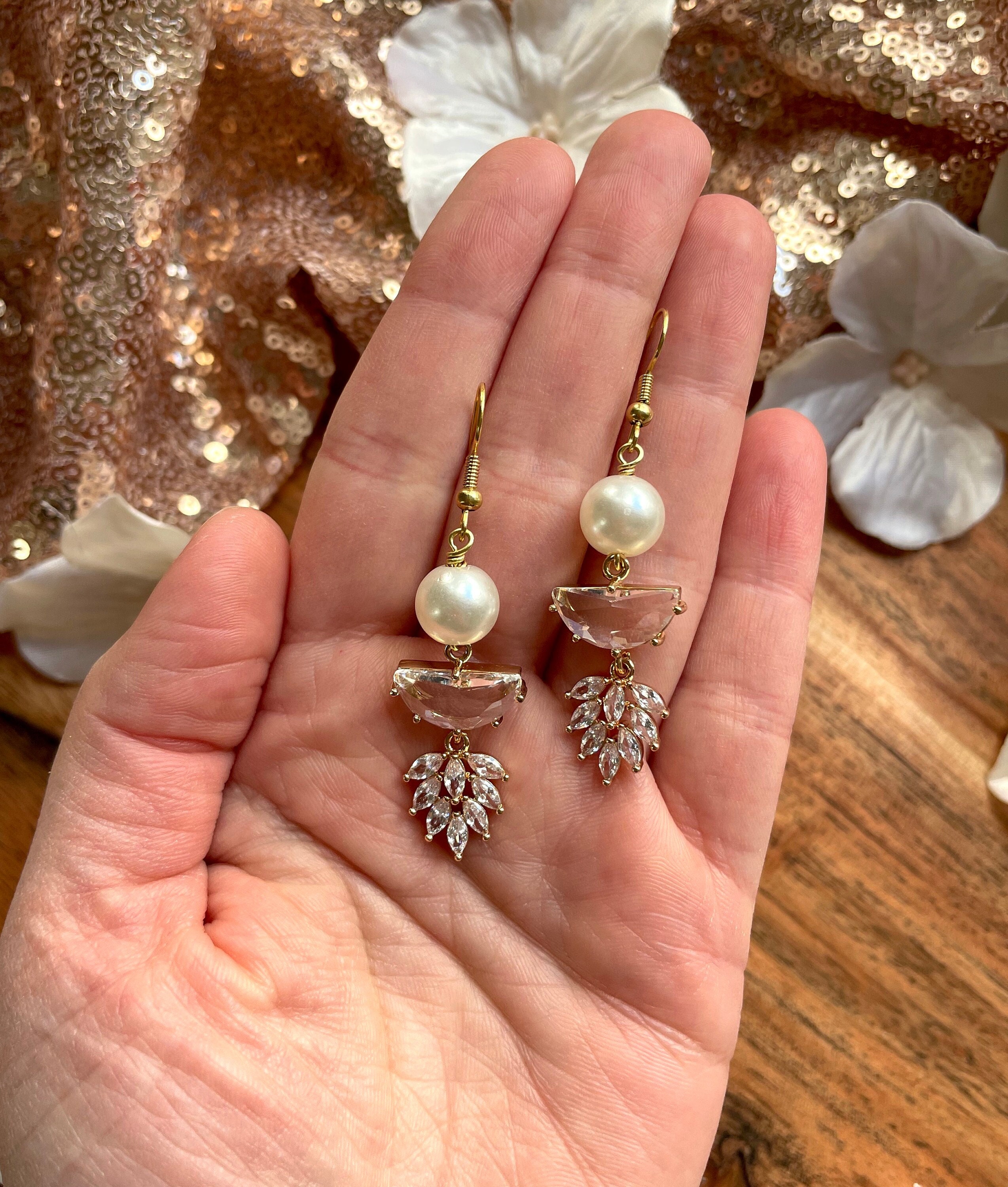 Gold Floral Pearl Dangle Earrings