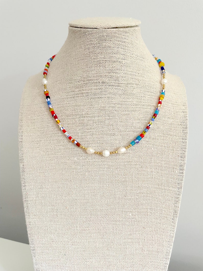 Dainty Colorful Freshwater Pearl Choker Necklace / Short Multicolor Seed Bead Necklace / One of a Kind Necklace / Summer Pearl Choker image 5