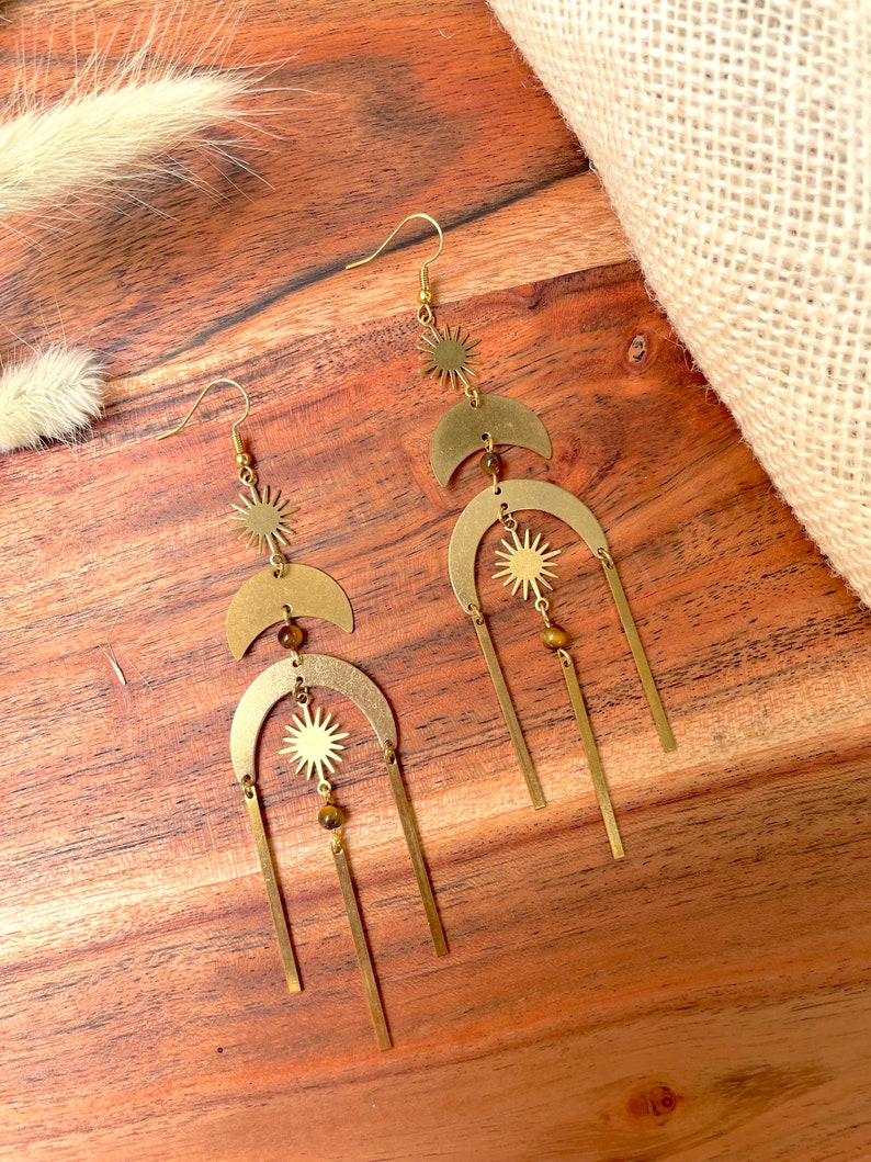 Grandes boucles d'oreilles lustre céleste en laiton / Boucles d'oreilles géométriques en forme d'étoile bohème en or / Boucles d'oreilles en pierres précieuses oeil de tigre / Grand / Boho image 8