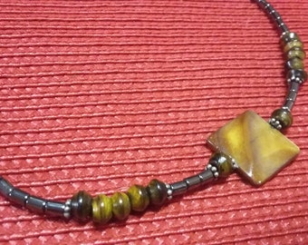 B-30:  Mother of Pearl, Hematite & Horn Choker Style NECKLACE!