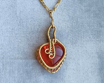 Gold and Red Heart Wire Wrapped Pendant