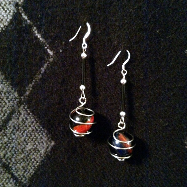 Flaming Red and Black Swirl Glass Marble Earrings