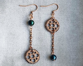 Mismatch Copper Gears and Chains Earrings with Green/Blue Bead Accent