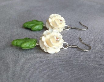 Creamy White Rose and Green Leaf Dangle Earrings with Rainbow Gem Accent