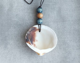 Nature Vibes Seashell Pendant with Wooden Bead Accents on Leather Cord with Screw Clasp