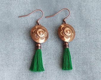 Floral Copper Pioneer Button Earrings with Green Tassels