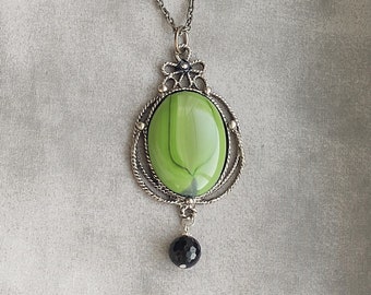 Green Glass Stone Pendant with Silver Flower Frame and Dangling Disco Ball Charm