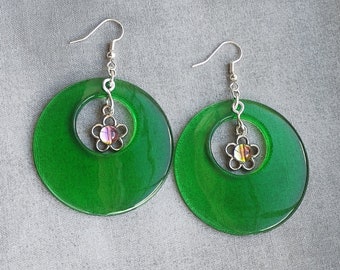 Springtime Renewal Green Disc Earrings with Rainbow Flower Accent