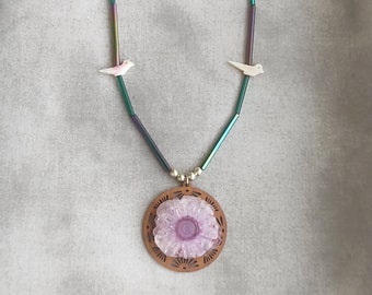 Amethyst Flower Pendant with Carved Bird Shell Beads