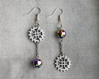 Mismatched Steampunk Gear Earrings with Rainbow Disco Ball Accent