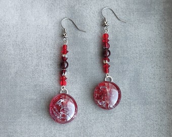 Ruby Red Cracked Glass Earrings with Garnet and Glass Beads, matching necklace sold separately