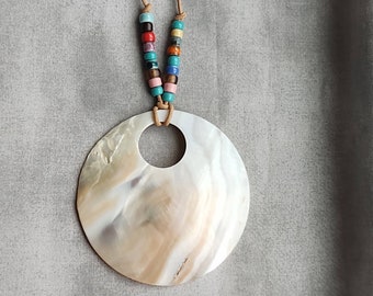 Large Shell Disc Reversible Pendant with Beach Glass Beaded Accents and Adjustable Leather Cord