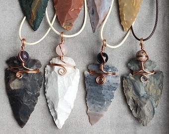 Assorted Jasper Agate Large Arrowhead Pendants with Gemstone Beads and Copper Wire