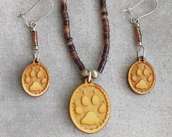 Wooden Bear Paw Print Beaded Earrings and Necklace Matching set