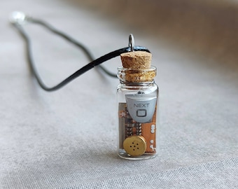 Upcycled Old Skool Cell Phone Buttons and Bits Mini Potion Bottle Pendant, Fat Zero Button