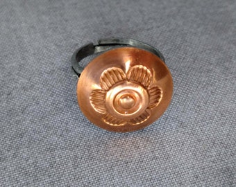 Vintage Pioneer Copper Flower Button Ring, Adjustable Sizes 6-8