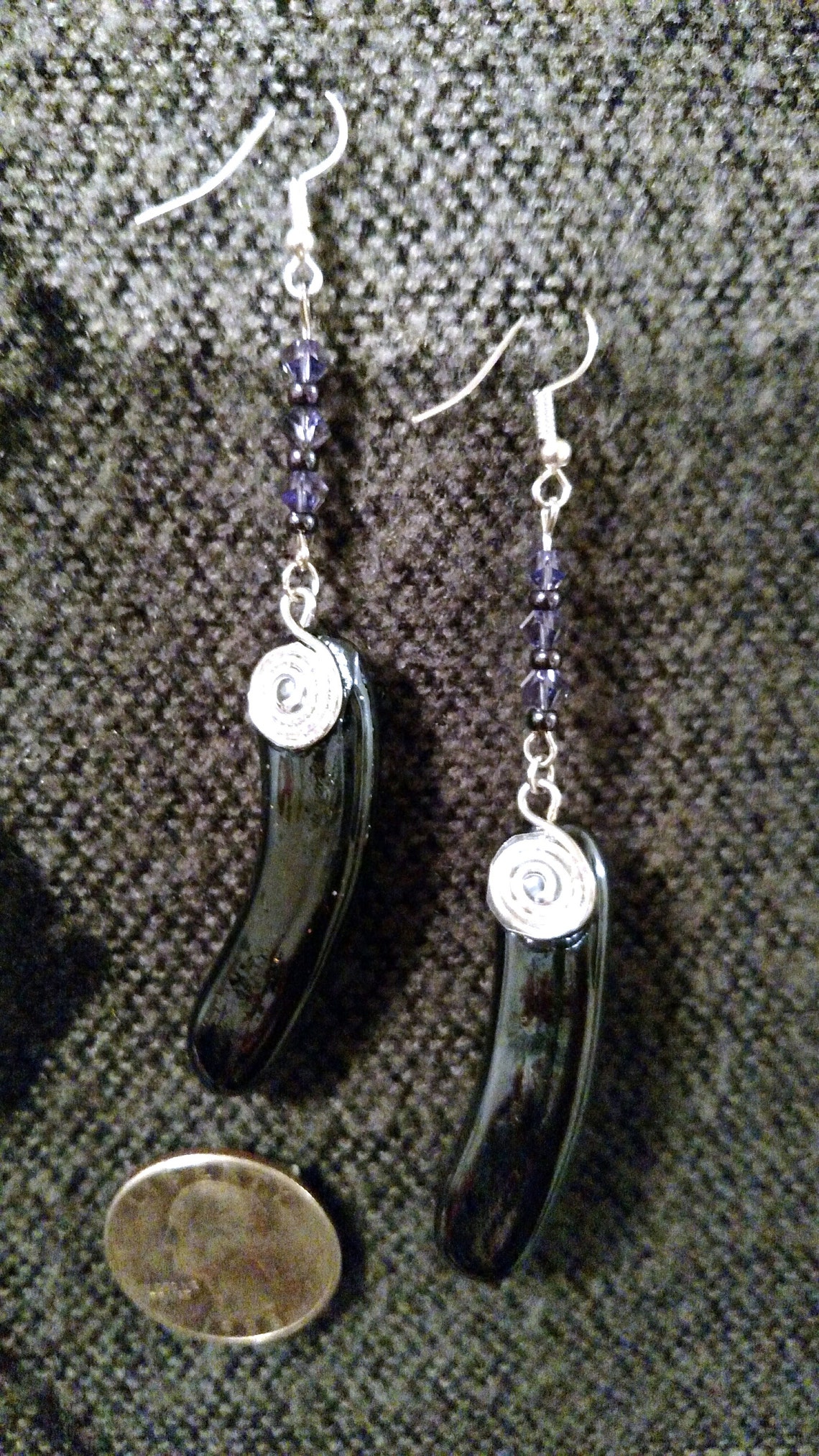 Bold and Beautiful Black Glass Stone Earrings With Deep Purple Crystal