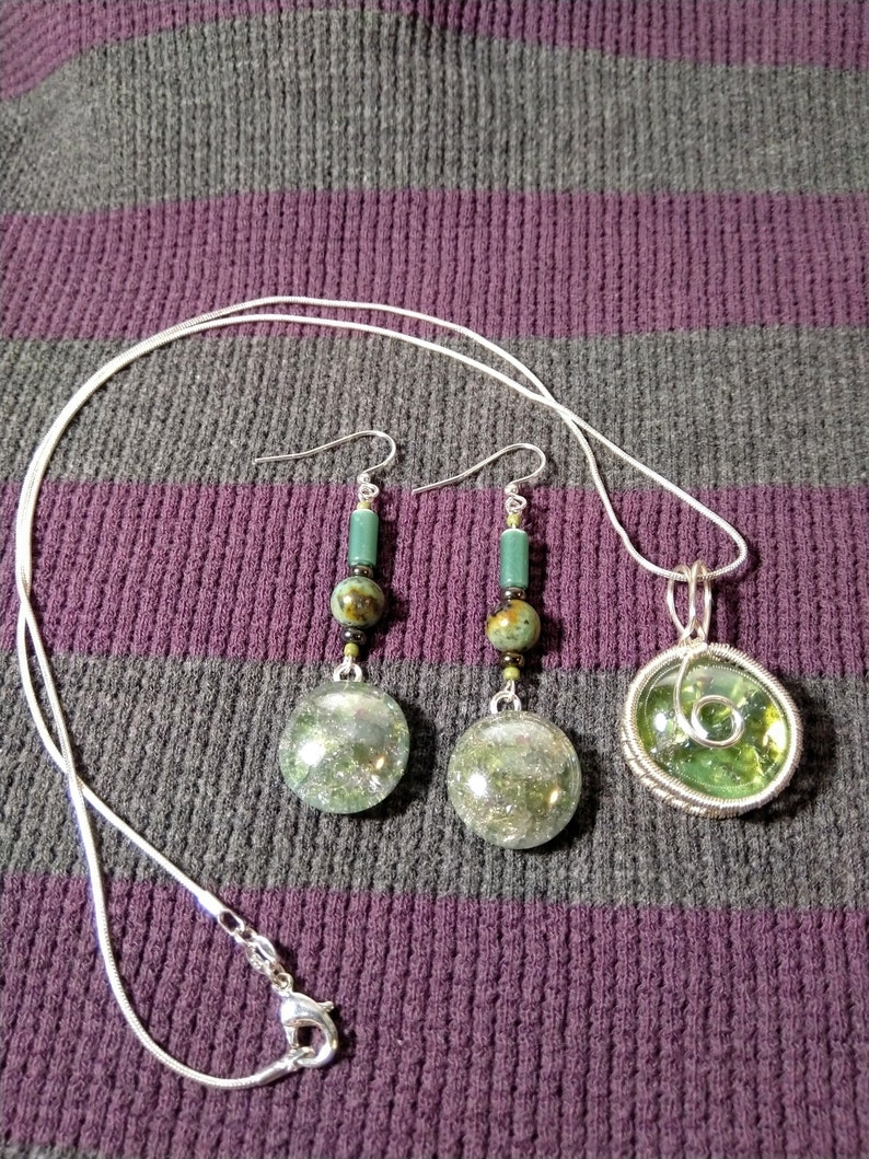 Lime Green Cracked Glass Earrings with African Turquoise Beads