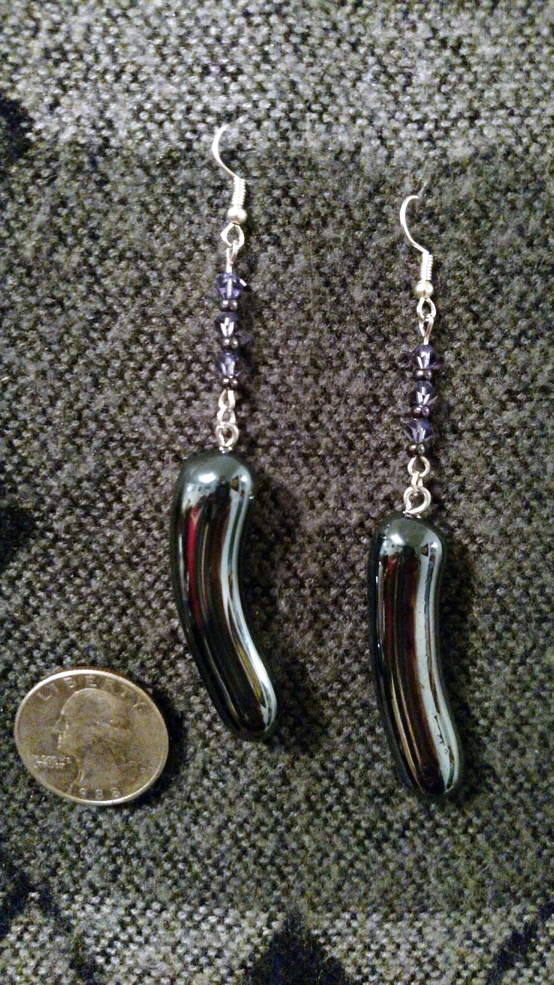 Bold and Beautiful Black Glass Stone Earrings With Deep Purple Crystal