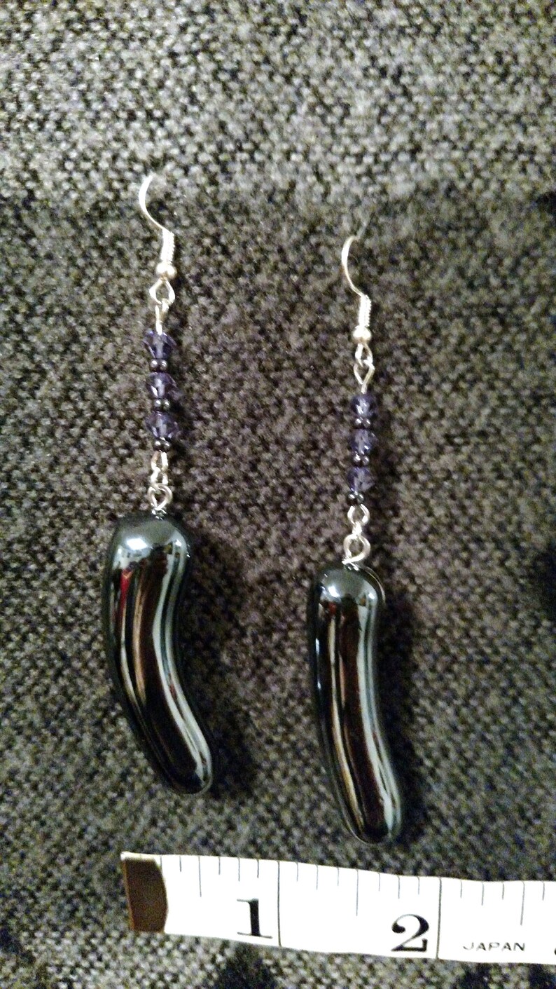 Bold and Beautiful Black Glass Stone Earrings With Deep Purple Crystal