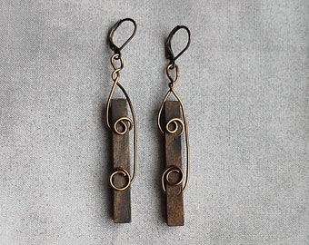 Tall and Skinny Rectangular Wire Wrapped Wooden Earrings