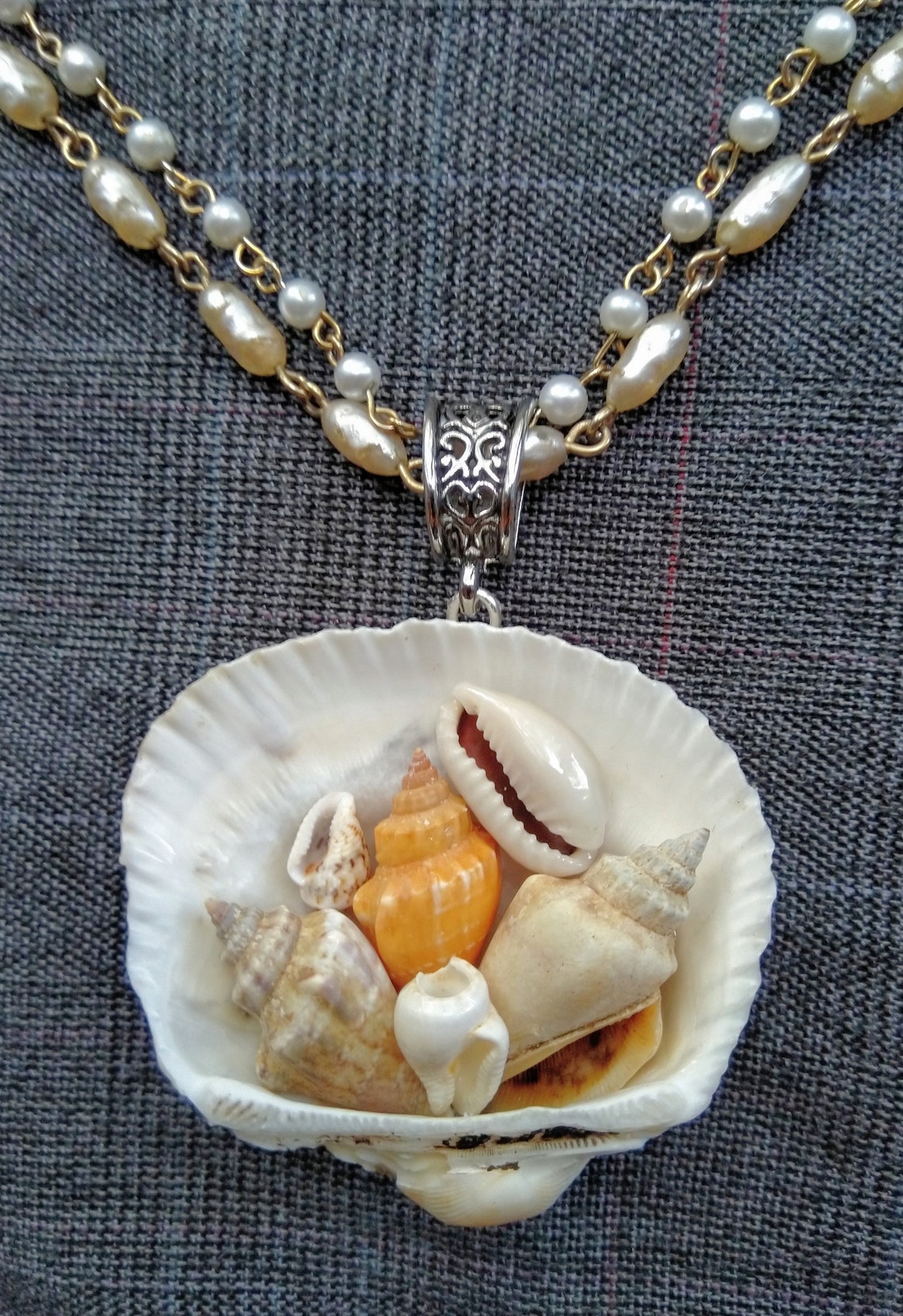 Seashells within a Seashell Pendant with Faux Pearl Link Chain | Etsy