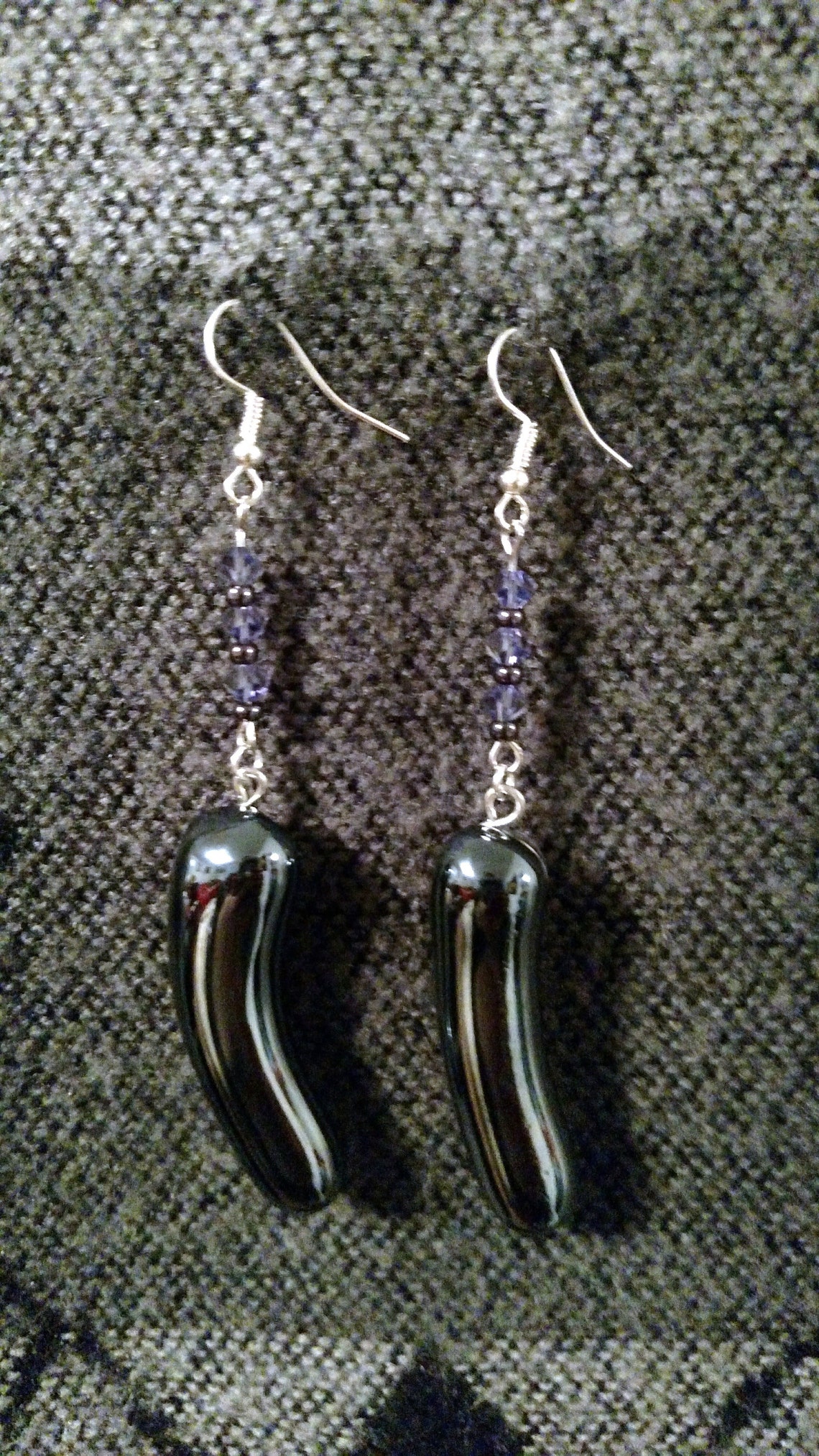 Bold and Beautiful Black Glass Stone Earrings With Deep Purple Crystal