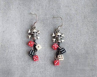 Halloween Everyday Black Red and White Unlucky Dice Earrings with Skull and Crossbones