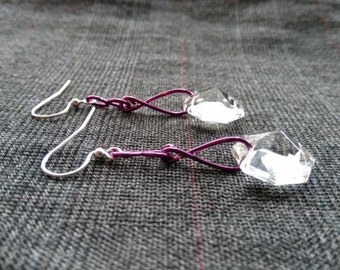 Faceted Chandelier Glass Earrings with Pink Wire Accent