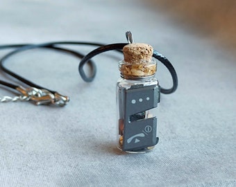 Upcycled Old Skool Cell Phone Buttons and Bits Mini Potion Bottle Pendant, Gray Call Button