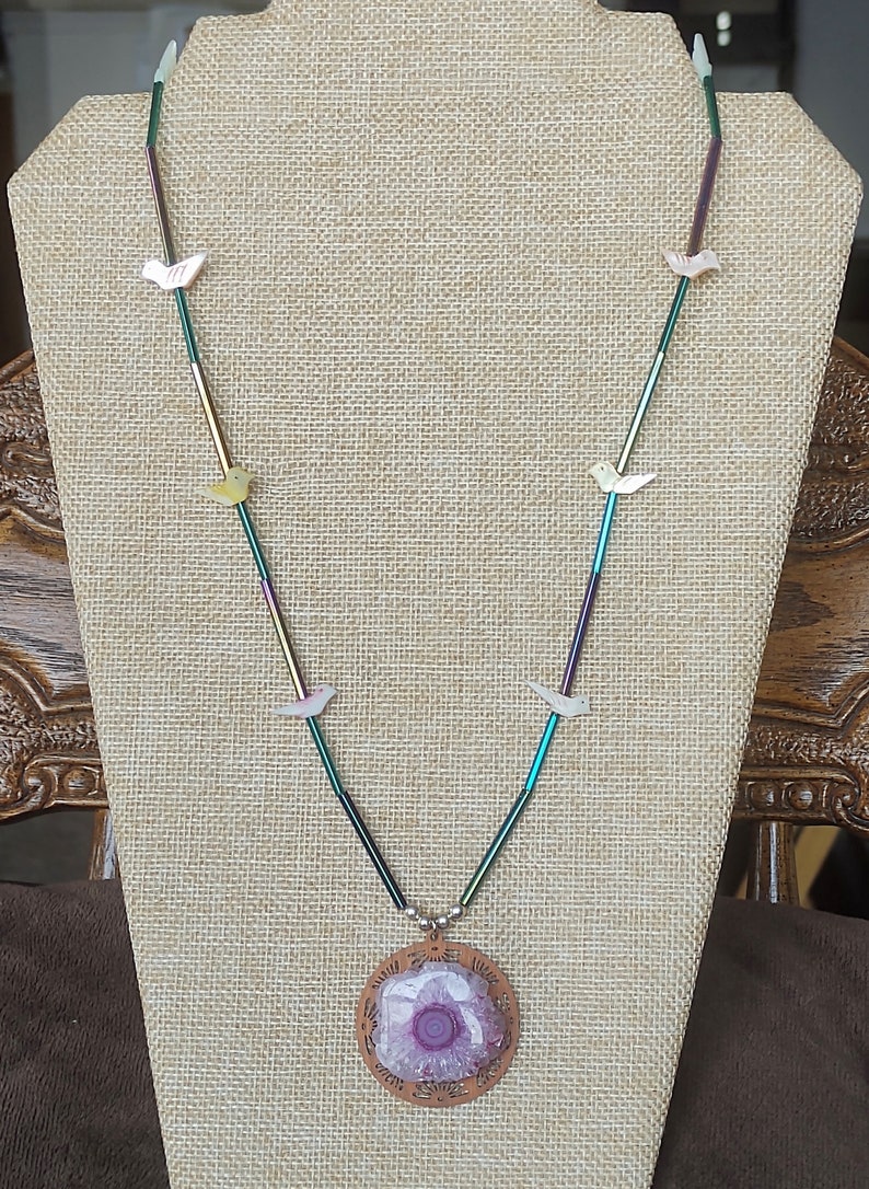 Amethyst Flower Pendant with Carved Bird Shell Beads image 4