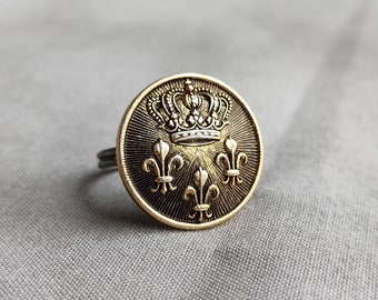 Crown and Fleur de Lis Button Ring, Adjustable Size 6-8