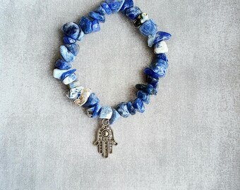 Sodalite Gemstone Chip Beaded Stretch Bracelet with Hamsa Protection Charm
