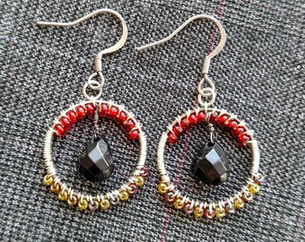 Red Yellow and Rainbow Beaded Boho Hoop Earrings with Black Teardrop Gems