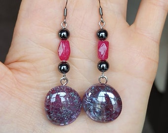 Fuschia Cracked Glass Earrings with Red Aventurine and Hematite Beads