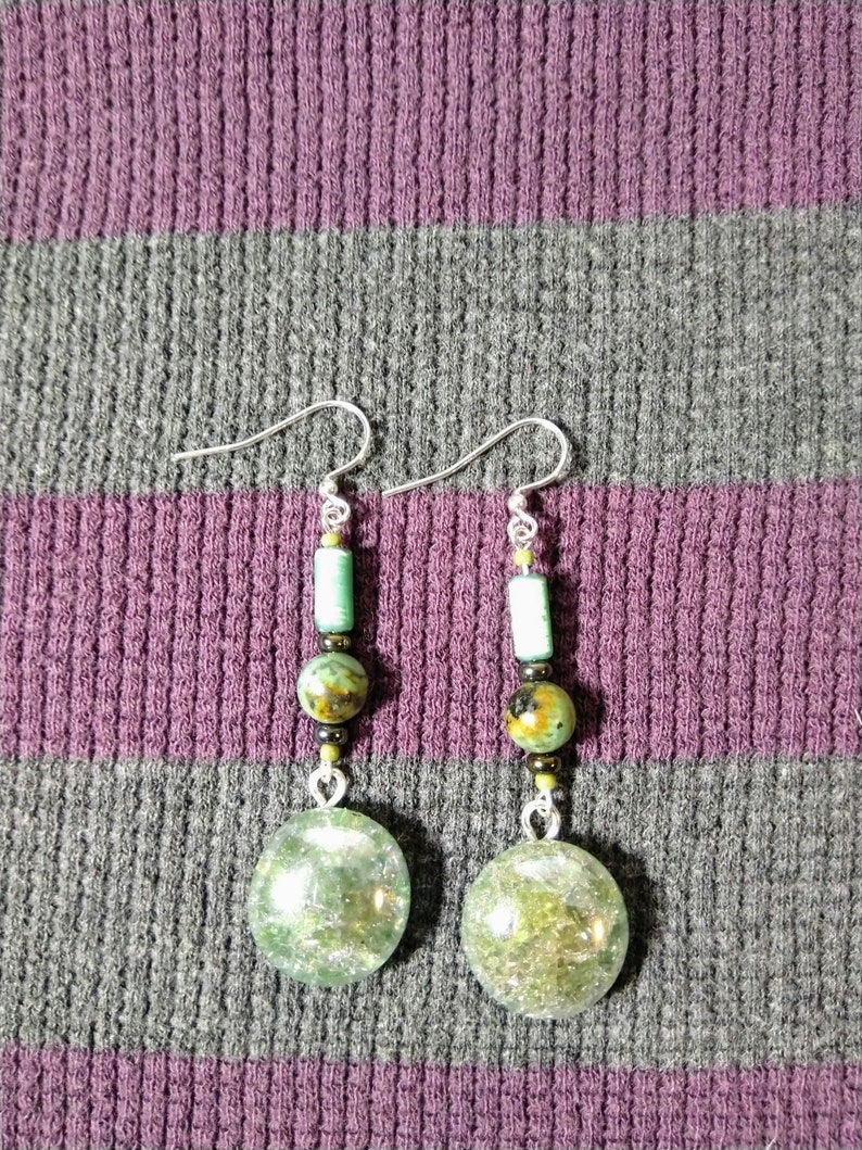 Lime Green Cracked Glass Earrings with African Turquoise Beads