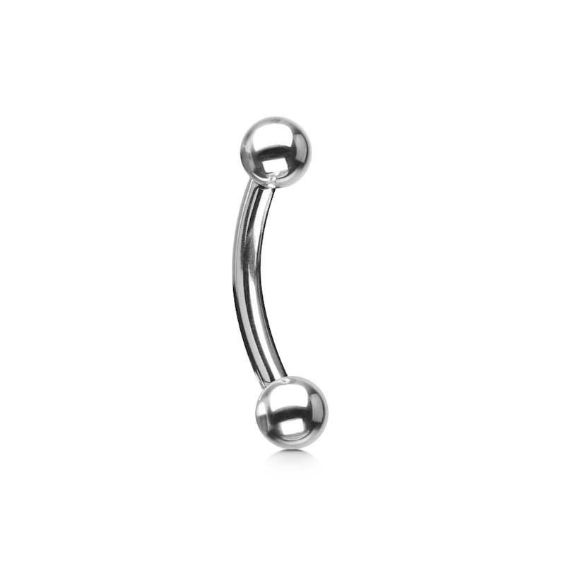 May include: Silver curved barbell with two round balls on each end.
