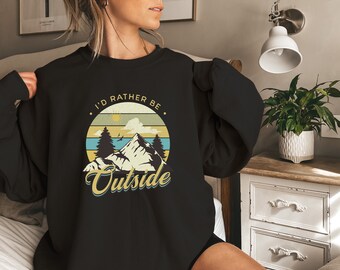 Moletom "Eu prefiro estar ao ar livre", camiseta para amantes de montanhas, suéter retrô, camiseta para caminhantes, camiseta para campistas, moletom vintage, presente para amantes da natureza