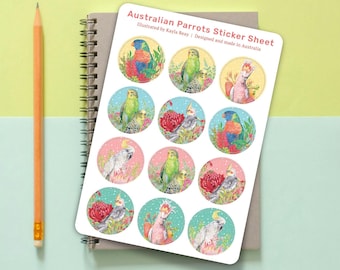 Australian Parrots Sticker Sheet - Round Glossy Stickers for Journals, Planners and Gifts - Cockatoo, Budgie, Cockatiel, Rainbow Lorikeet