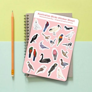 Australische Vögel Vinyl Aufkleber Bogen - häufige Hinterhofvögel Australiens - glänzende Vogel-Aufkleber - niedliche Kunst für Journals, Planer und Geschenke