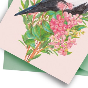 Australian Magpie Floral Greeting Card, Botanical Birds Blank Card, Wedding, Bird Lover Birthday Gift, Australiana Animals image 3