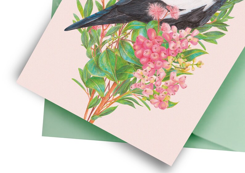 Australian Magpie Floral Greeting Card, Botanical Birds Blank Card, Wedding, Bird Lover Birthday Gift, Australiana Animals image 3