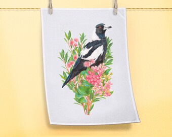 Magpie Tea Towel, Australian Organic Cotton, Floral Bird Dish Towel, Botanical Kitchen Towel Made in Australia, 100% Cotton, Bird Lover Gift