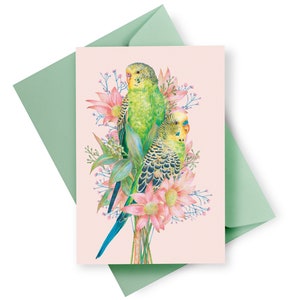 Budgie Couple Floral Greeting Card, Budgerigar Blank Card, Pet Budgies, Valentine's Day, Engagement, Wedding, Australian Botanical Parakeet