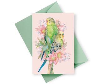 Budgie Couple Floral Greeting Card, Budgerigar Blank Card, Pet Budgies, Valentine's Day, Engagement, Wedding, Australian Botanical Parakeet