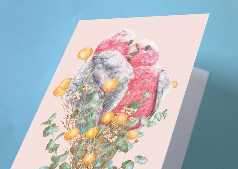 Galah Greeting Card, Pink Bird Love Blank Card with Envelope, Wedding Card, Valentine's Day Card Anniversary Gift, Australian Botanical Card image 4