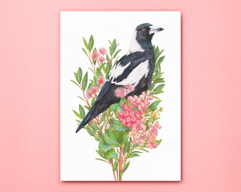 Australian Magpie Floral Art Print, Botanical Bird Poster, Australiana Decor Wall Art, Lilly Pilly Native Flowers